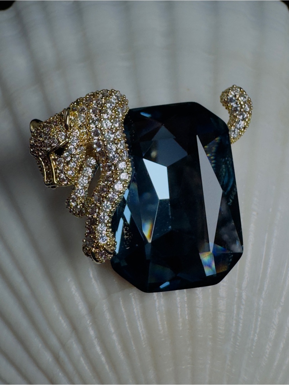 Gold-Tone Panther Crystal Brooch with Deep Teal Stone - Picture 4 of 10